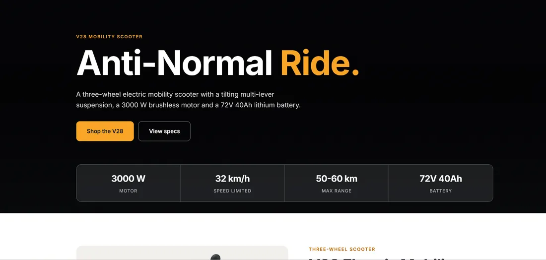 Screenshot of the V28 mobility scooter website with a bold headline and key specifications